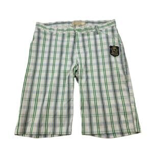 Old Skool Boys 18 Plaid‎ Bermuda Shorts Green Cream Blue LOGO Pockets Preppy
